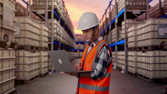 Side View Of Asian Male Engineer With Safety Helmet Working On A Laptop While Standing at Warehouse with Containers and Barrels