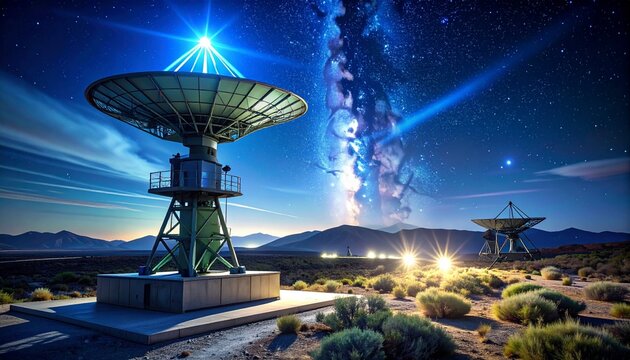 "A nighttime desert facility with large parabolic satellite dishes and a tall tower glowing with blue light, illuminated against rugged terrain under a star-filled sky with a meteor streaking across, 