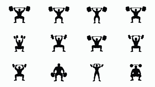 Black silhouettes of athletes performing weightlifting exercises in dynamic poses including squats and lifts isolated on white background fitness concept