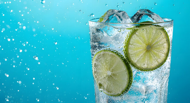 Refreshing gin and tonic cocktail with lime slices in frosted glass on blue sparkling background