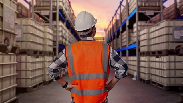 Back View Of A Male Engineer Wearing Safety Helmet Looking Around While Standing With Arms Akimbo at Warehouse with Containers and Barrels