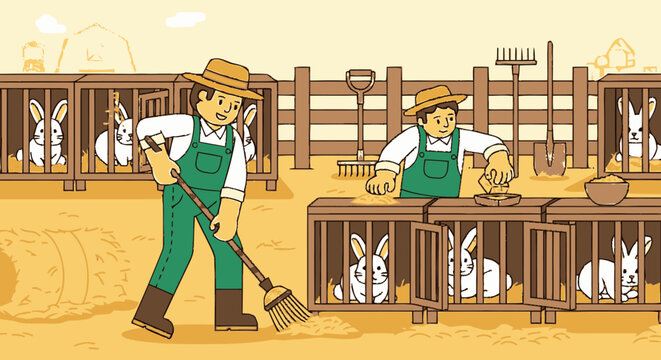 Two farmers tending to rabbits in cages on a farm.