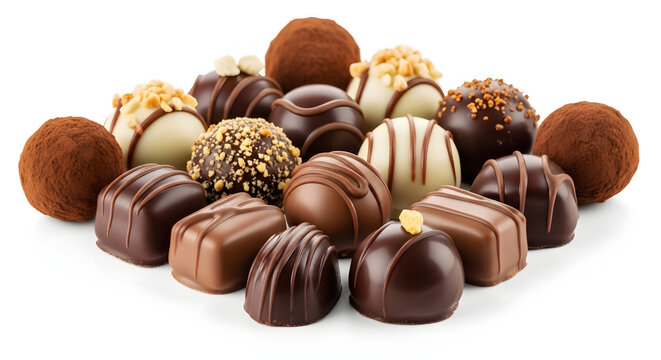 Luxury assortment of premium Belgian chocolate pralines and truffles, isolated on a white background. Ideal for gift designs
