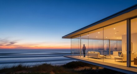 Obraz premium Contemporary Glass House with a Dramatic Ocean Vista at Twilight