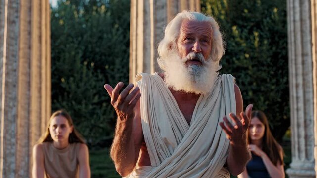 Ancient man with beard wearing toga makes gesture during speech near column at temple. elderly woman in audience listens. Ritual and ceremony unfold in marble courtyard and classical architecture.