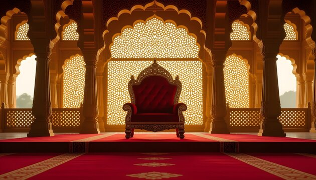 Rajputana royal stage with intricate jaali patterns, royal throne seating, deep maroon and gold palette