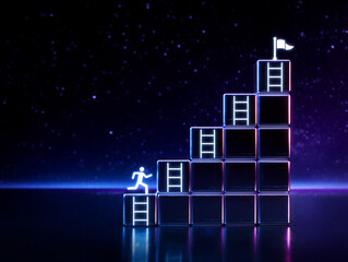 Fototapeta premium Neon block staircase climb with glowing figure reaching the top success concept