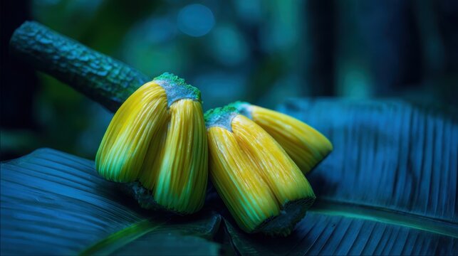 Exotic jackfruit segments showcasing vibrant yellow and green textures, a tropical fruit delight
