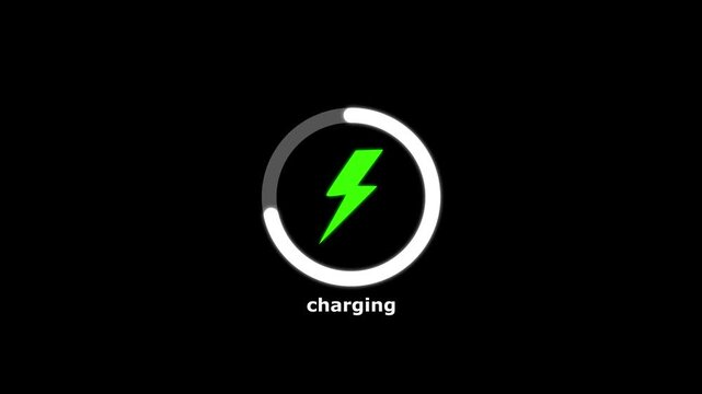 Fast battery charging animation with power icon on a black background
