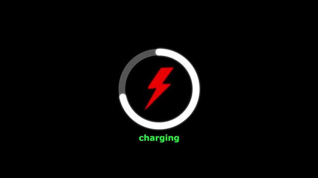Battery charging animation with a power icon isolated on a black background.
