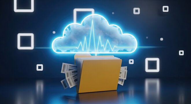 Cloud computing data storage and transfer concept with cardboard box and digital elements