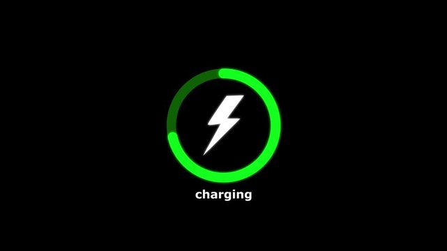 color battery charging power icon animation on black background.