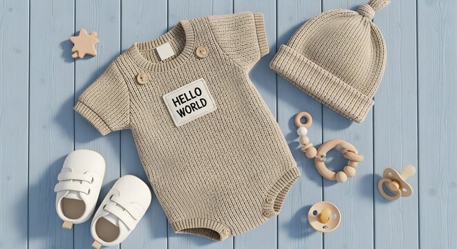 Baby clothes and accessories on blue wooden background