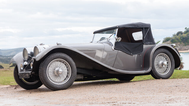 San Sebastian, Spain-September 21, 2025: 1938 SS Jaguar 100 - 2 1/2 Litre
