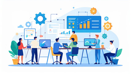 Fototapeta premium Business Process Workflow Concept with Team Collaboration, Project Management Flat Vector Illustration