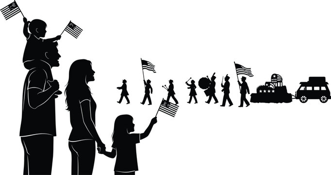 Independence day celebration silhouette with family and parade