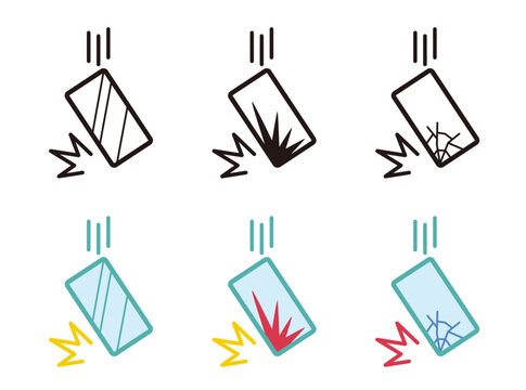 スマートフォンの落下と画面破損トラブルのアイコンイラストセット / Smartphone dropping and broken screen icon set