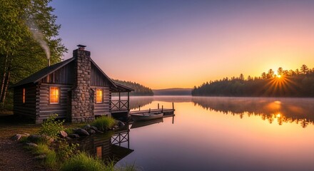 Fototapeta premium Cozy Rustic Cabin by Tranquil Lake at Sunrise