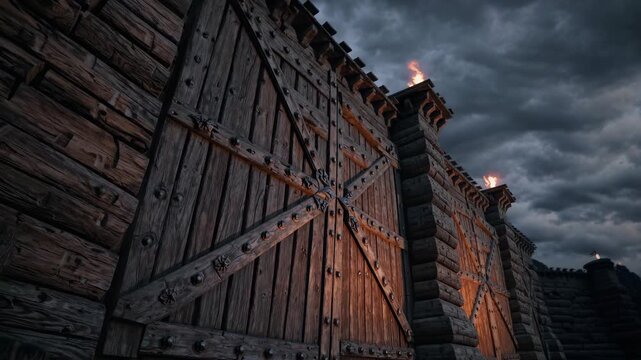massive gate fronts castle wall and fortress parapet. weathered wood door sits within stone arch with iron hinge and rivet. torch flame casts ember glow along tower and turret. masonry texture.