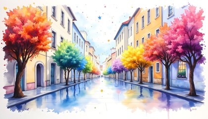 Fototapeta premium Street, Houses, House, Street, Watercolor , Blossoming Trees, Reflections on a Spring Street, Old Town in Soft Colors, Colorful Village 