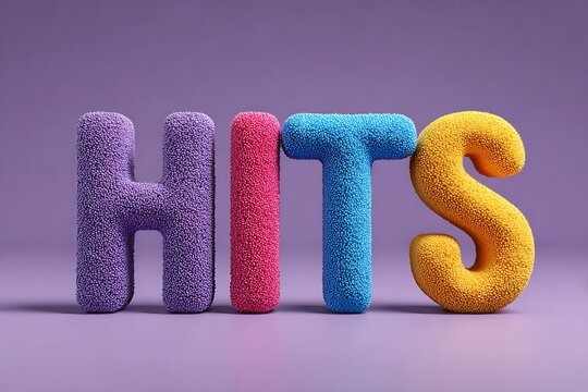 Colorful textured letters spelling out H I T S on purple background HITS word