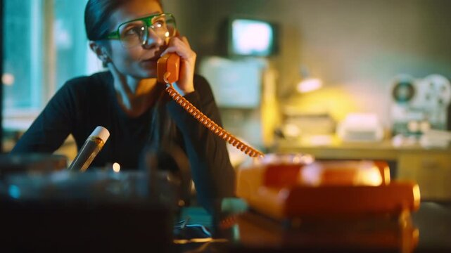 Female radio operator listening to a message in the headphones pressed to one ear and speaking into a microphone. Answering a landline phone call. Selective focus