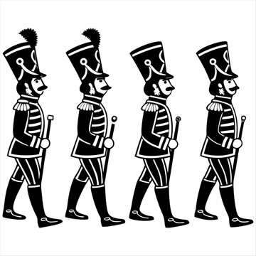 Set of four traditional Christmas nutcracker soldiers standing in a row black and white 