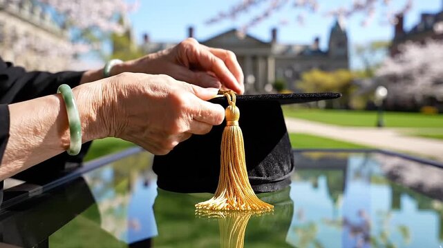 hands tying a gold tassel on a graduation cap resting on a glass desk against a bright spring university campus