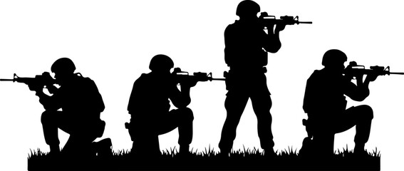 Naklejka premium Army soldiers with sniper rifle on duty vector silhouette on whote background, Jawan black silhouettes collection
