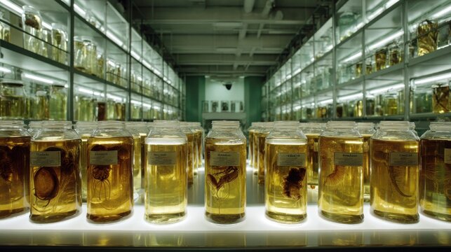 Rows of meticulously labeled specimen jars containing biological samples in a museum or laboratory setting