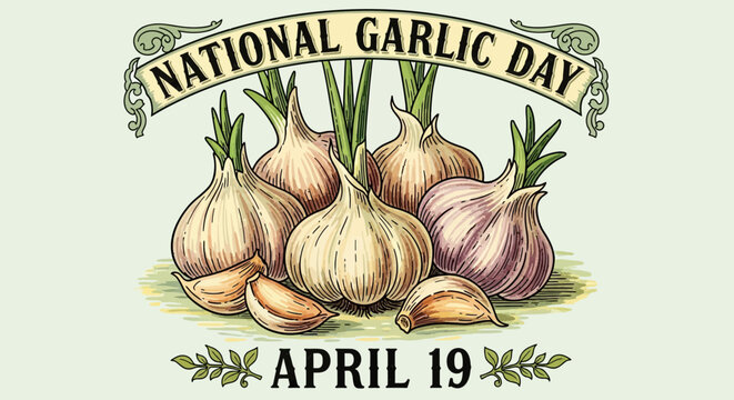 National Garlic Day illustration with garlic bulbs and cloves isolated on transparent background