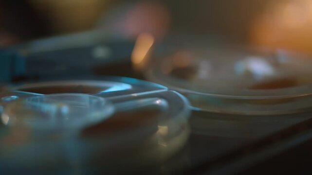 Close-up tape recorder with spinning spools playing audio recording. Selective focus