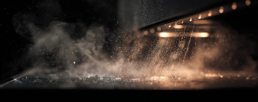 Side-angle product shot, steam against frosted glass catching highlights 32k ultra HD