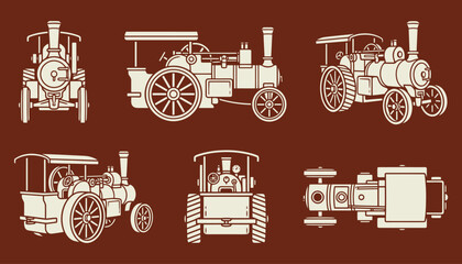 Vintage Steam Engine Vector Illustrations Set from Multiple Angles © 777SKYLABS