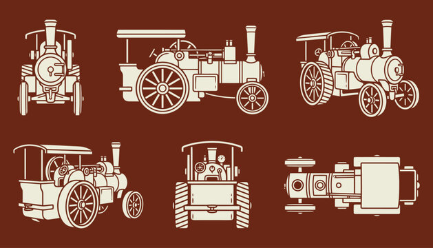 Vintage Steam Engine Vector Illustrations Set from Multiple Angles