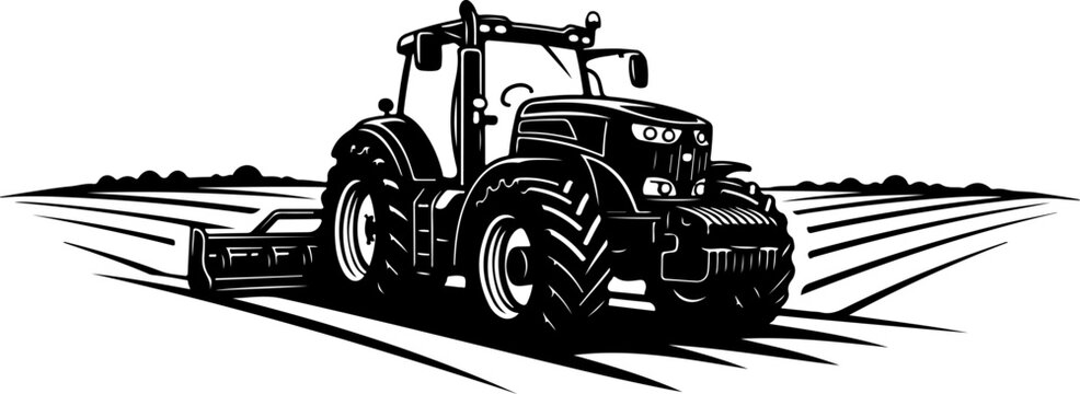 tracktor field landscape engraving black and white outline