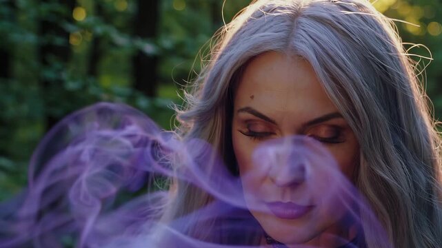 witch woman stands beside cauldron with purple smoke in forest. magic potion brews under sunlight. costume and sorcery elements frame portrait and expression. closeup face with gray hair and necklace.
