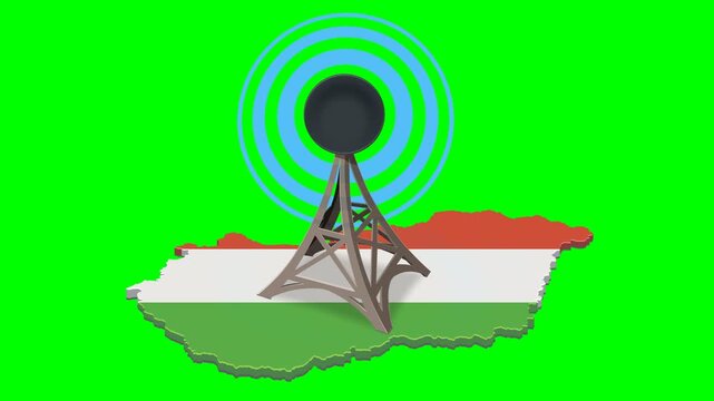 Digital communication and broadcasting network in Hungary featuring a transmission tower with signal waves. Chroma key green screen with alpha channel. (loopable)
