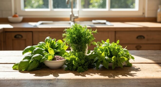 Fresh herbs on wooden kitchen table with natural light.