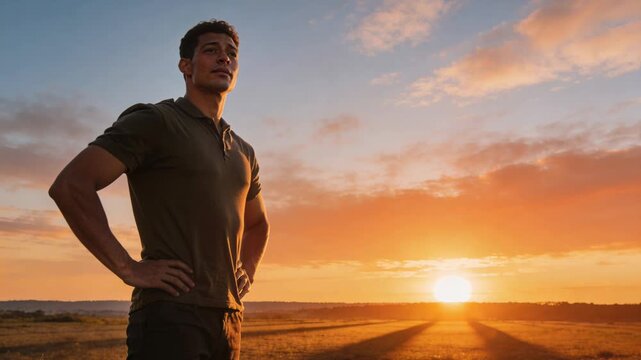 Confident man with his hands on his hips contemplating the stunning sunset over a vast rural field