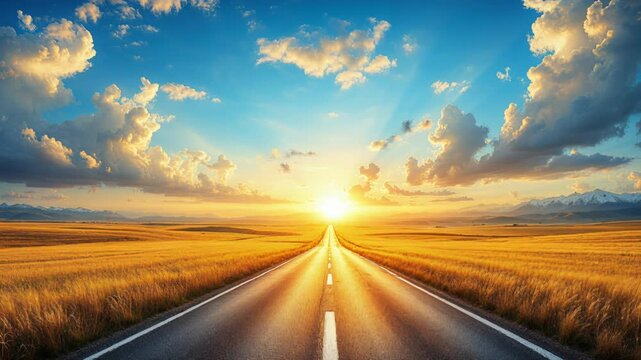 Empty asphalt road heading towards a beautiful sunset through golden wheat fields