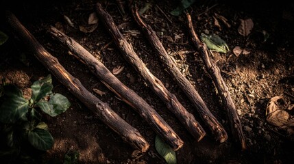 Fototapeta premium Harvested Licorice Roots Laid Out in a Diagonal Pattern on Soil Showing Natural Textures