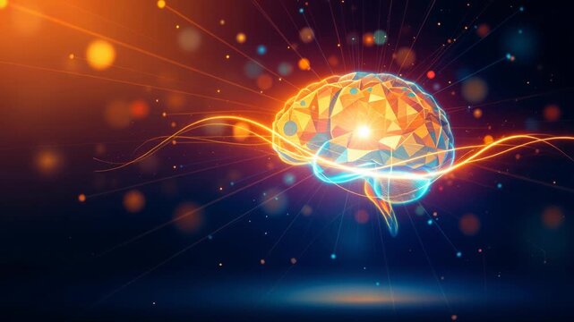 Glowing human brain model pulsing with light and neural network connections on a dark background