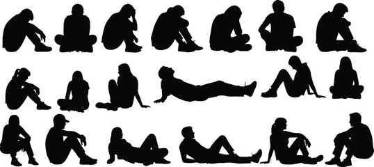 Human silhouette collection seated and reclining positions, black vector illustration, modern minimal design, artistic posture icons, diverse body language concept © AB Razzak