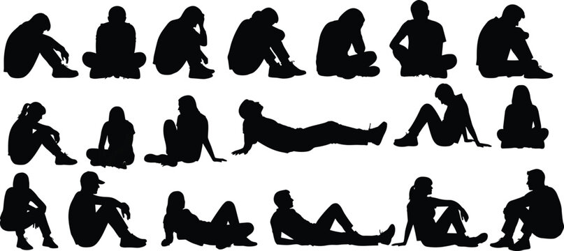 Human silhouette collection seated and reclining positions, black vector illustration, modern minimal design, artistic posture icons, diverse body language concept