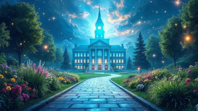 Enchanted university building and garden with a glowing clock tower under a starry night sky