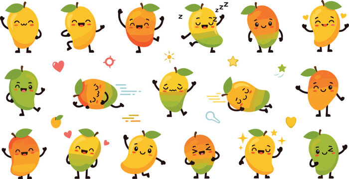 Cute mango characters set with funny emotions and poses, cartoon tropical fruit mascots smiling, dancing and sleeping, playful vector illustration for kids design