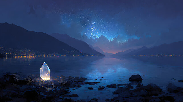 A glowing crystal on a rocky beach by a body of water