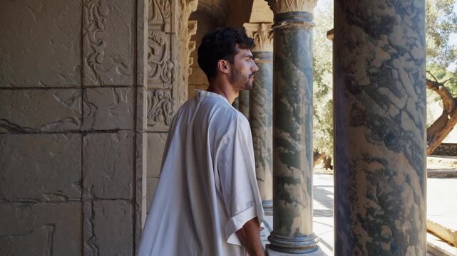 man in robe stands in stone colonnade by carved column. architecture detail frames walking and looking profile along corridor under sun. heritage setting captures shadow on wall and flooring.