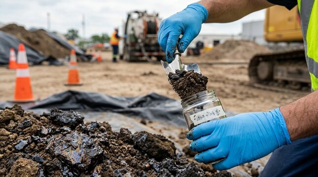 Soil contamination sample from a petroleum-impacted industrial site, detail shot, no faces, no text, no logos, oil remediation concept for environmental brand or science editorial, commercial use